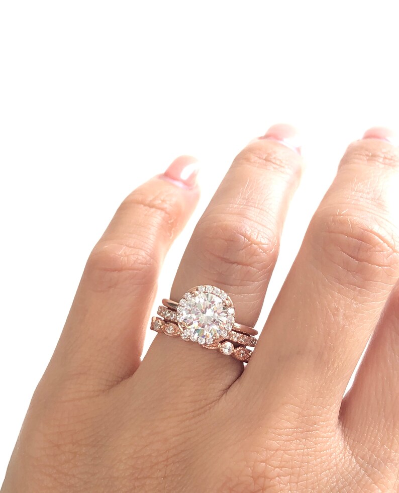 Rose Gold Wedding Ring Set. Round Cut Engagement Ring With 2mm Art Deco Band And 2mm Full Eternity Band. Rose Gold Bridal Ring Set. image 8