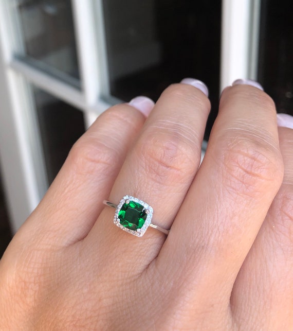 Emerald Ring. Square Halo Ring. Green Emerald Eternity Band. Silver Green Emerald Ring. Gemstone Ring. May Birthstone Ring. Sizes 4-10.