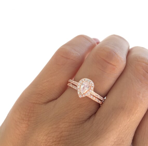 Pear Shaped Ring  Set Rose  Gold  Wedding  Ring  Set Teardrop  