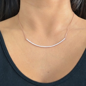 Curved bar necklace. Cz long curved silver bar necklace. Cz long curved gold bar necklace. Cz long curved rose gold bar necklace.