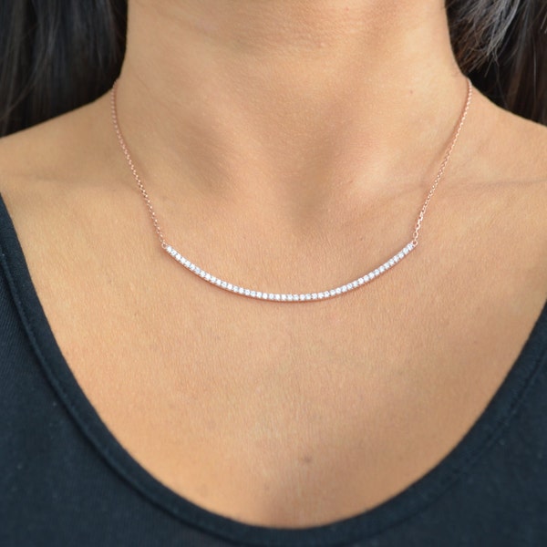 Curved bar necklace. Cz long curved silver bar necklace. Cz long curved gold bar necklace. Cz long curved rose gold bar necklace.