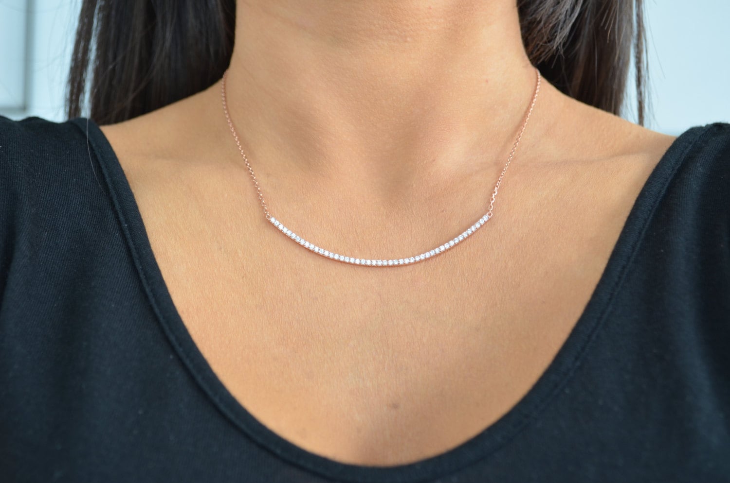 Curved Bar Necklace. Cz Long Curved Silver Bar Necklace. Cz Long
