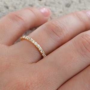 Diamond Simulant Eternity Band Ring. 2MM Sterling Silver Gold Plated Wedding Band. Full Eternity Band Ring. Silver Stacking Rings.