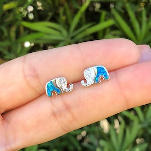 Elephant Earrings. Blue Opal Sterling Silver Elephant Earrings. Small Elephant Earrings. Mini Elephant Earrings. Elephant Stud Earrings.