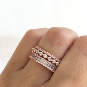 Rose Gold Wedding Band Set. Luxury Rose Gold Eternity Ring Set. Baguette Ring. Stackable Rings. Rose Gold Stacking Rings. Set Of Three Rings image 3