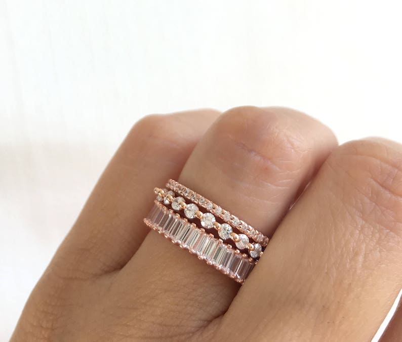 Rose Gold Wedding Band Set. Luxury Rose Gold Eternity Ring Set. Baguette Ring. Stackable Rings. Rose Gold Stacking Rings. Set Of Three Rings image 3