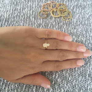 Hamsa ring. Cz pave hamsa stackable ring. Silver hand design ring. Fatima silver ring. Hand of God ring. Lucky charm ring. Protection ring.