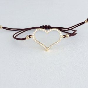 Silver heart bracelet with brown string, string bracelet, gold heart bracelet, adjustable bracelet, rose gold heart brown string bracelet