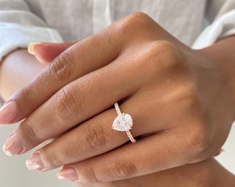 2 Carats Pear Shaped Engagement Ring. Diamond Simulant. Promise Ring. Rose Gold Solitaire Ring. 2.5 Ctw Pear Cut Ring. Teardrop Ring.