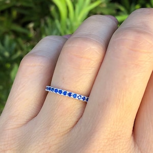 Sapphire Ring. Sterling Silver Blue Sapphire Eternity Band Ring. 2mm Eternity Ring. Stackable Ring. September Birthstone Ring. Sizes 2-12.