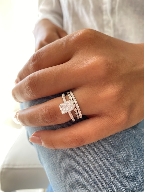 ctw Wedding Ring Sterling Silver Radiant Cut Engagement  Anniversary Art Deco Half Eternity Silver