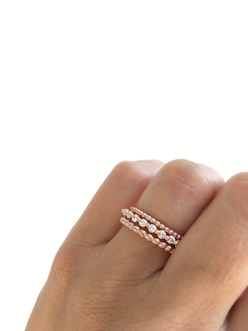 Rose Gold Eternity Band Ring And Beaded Ring Set. Stacking Rings. Rose Gold Stackable Rings. Wedding Bands Packed In A Luxury Gift Box. image 1