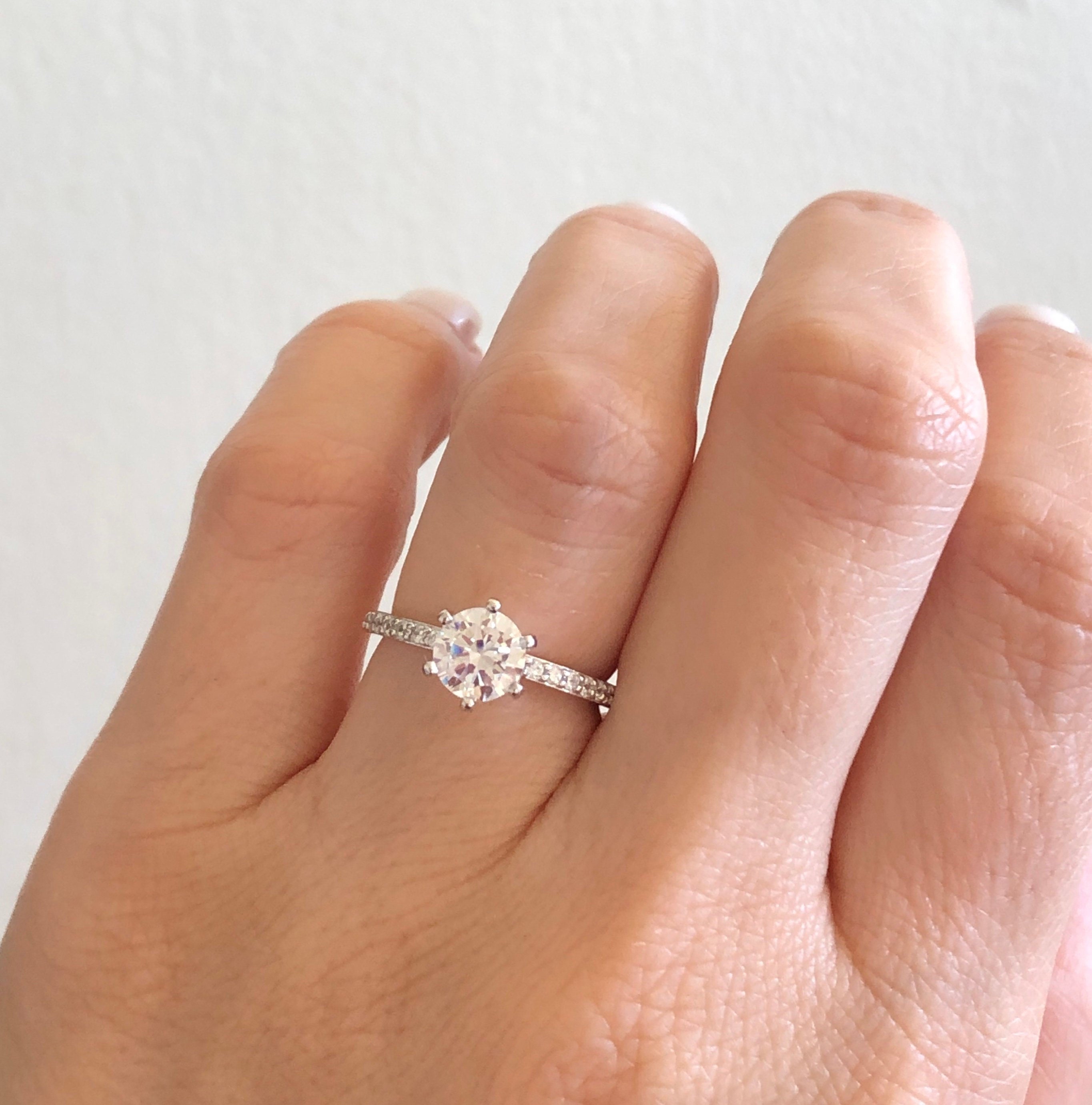 Unique Moissanite Engagement Ring 1.73 TW Round Cut Baguette Halo Ring