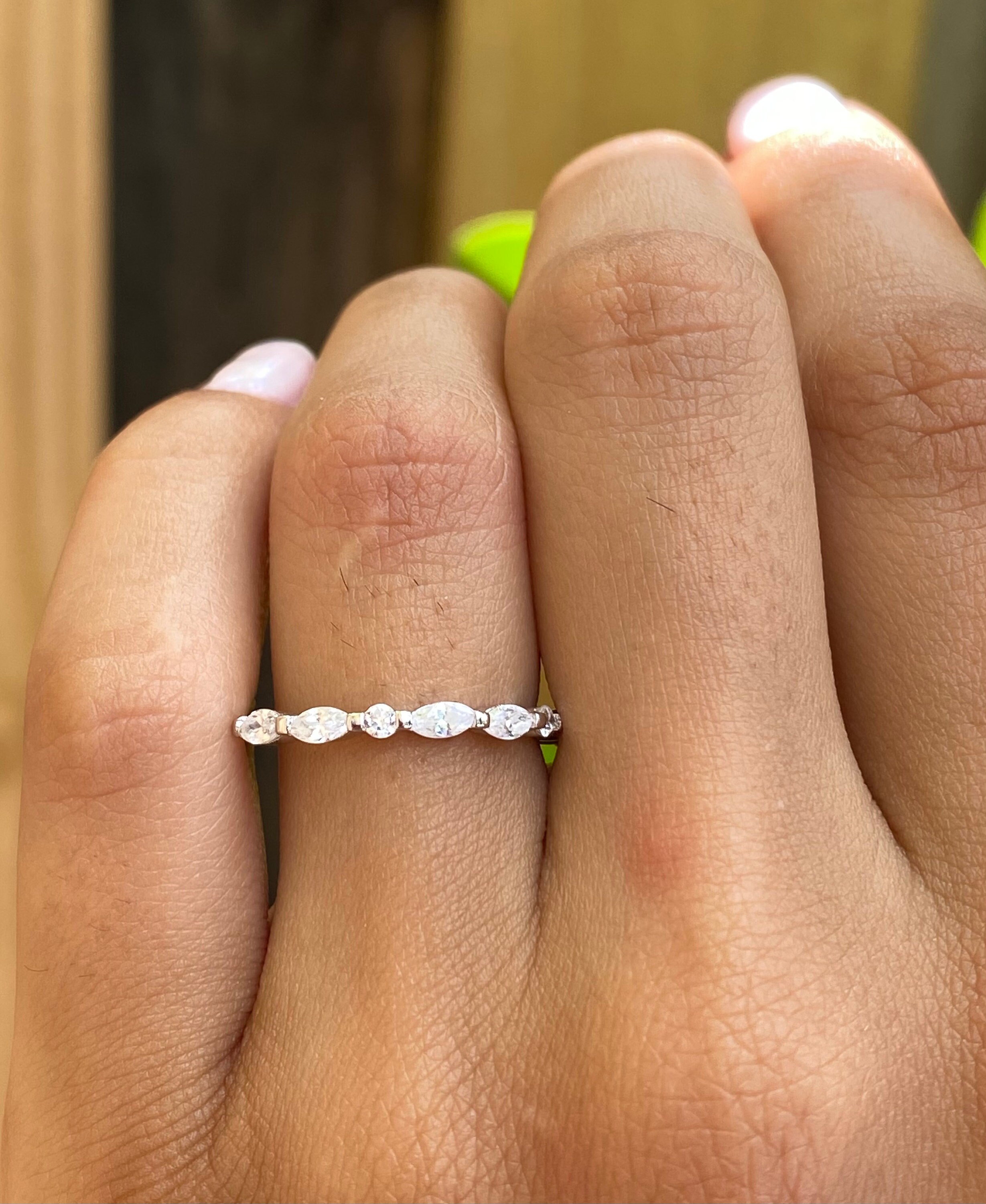 Art Deco Vintage Wedding Band. Round and Marquise Band. Half