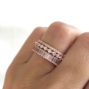 Rose Gold Wedding Band Set. Luxury Rose Gold Eternity Ring Set. Baguette Ring. Stackable Rings. Rose Gold Stacking Rings. Set Of Three Rings image 7