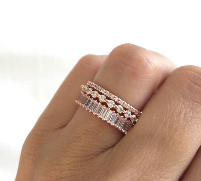 Rose Gold Wedding Band Set. Luxury Rose Gold Eternity Ring Set. Baguette Ring. Stackable Rings. Rose Gold Stacking Rings. Set Of Three Rings image 7