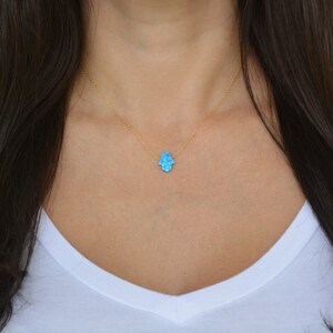 Sterling silver blue opal hamsa necklace. Turkish necklace. Silver gold plated blue opal hamsa necklace. White opal fatima necklace. image 2