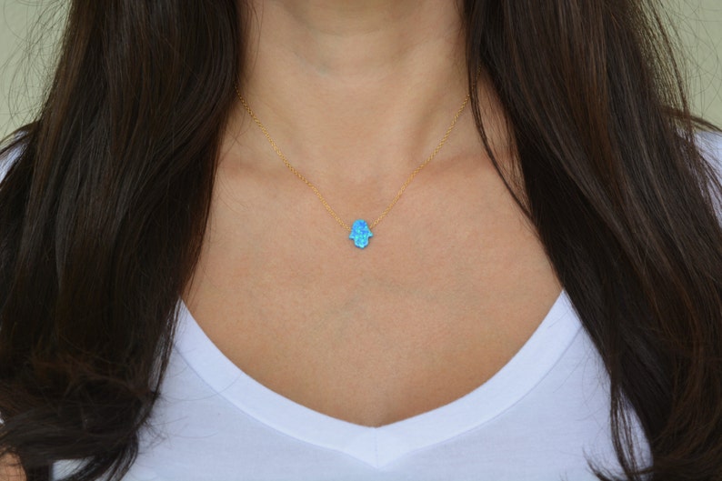 Sterling silver blue opal hamsa necklace. Turkish necklace. Silver gold plated blue opal hamsa necklace. White opal fatima necklace. image 2