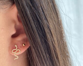 14K Yellow Gold Diamond Snake Earrings. Snake Stud Earrings. Curved Snake Earrings. Yellow Gold Snake Earrings. Curved Serpent Earrings.