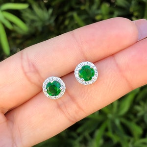 Green Emerald Round Halo Earrings. Green Emerald Stud Earrings. Round Cut Earrings. Solitaire Stud Earrings. May Birthstone Earrings.