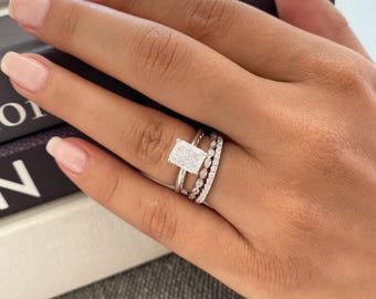 Sterling Silver Wedding Ring Set. 1 Carat Radiant Cut Engagement Ring. Half Eternity Band. Solitaire Ring. Wedding Rings. Bridal Rings.