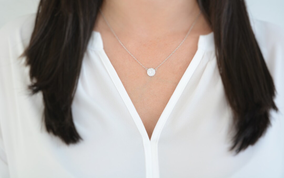 Pave Disc Necklace. Silver Disc Necklace. CZ Disc Necklace. Pave Zircon ...