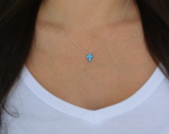 Sterling silver mini opal cross necklace. Sterling silver gold plated opal necklace. Mini cross opal necklace. Small cross necklace.