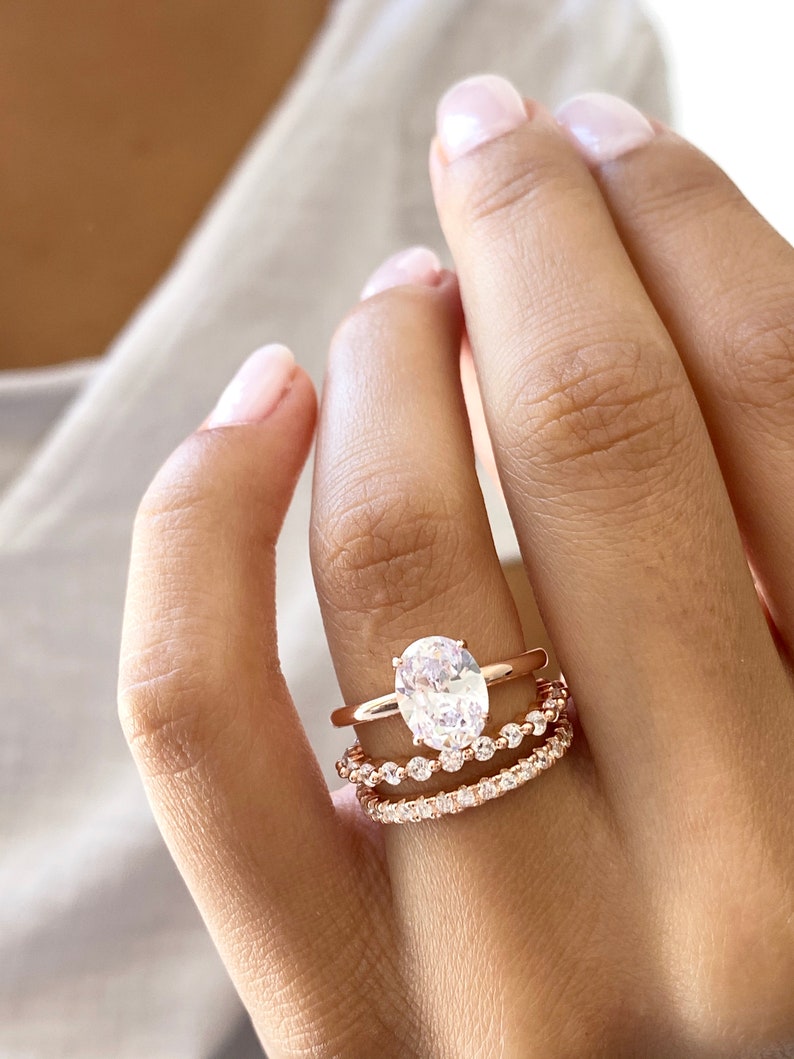 Rose Gold Wedding Rings. 2 Carats Oval Engagement Ring. Shared Etsy