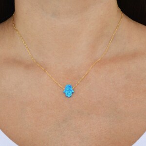 Sterling silver blue opal hamsa necklace. Turkish necklace. Silver gold plated blue opal hamsa necklace. White opal fatima necklace. image 3
