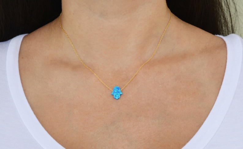 Sterling silver blue opal hamsa necklace. Turkish necklace. Silver gold plated blue opal hamsa necklace. White opal fatima necklace. image 3