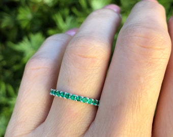 Emerald Ring. Green Emerald Eternity Band. Sterling Silver Eternity Ring. Emerald Ring. Gemstone Ring. May Birthstone Ring.  Sizes 2-12.