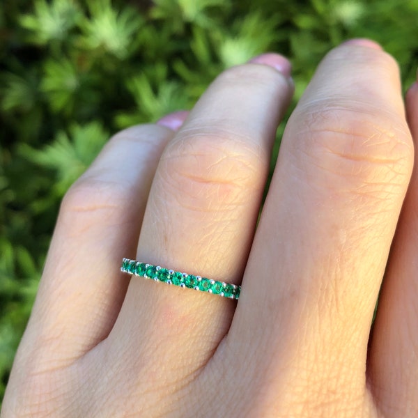 Emerald Ring. Green Emerald Eternity Band. Sterling Silver Eternity Ring. Emerald Ring. Gemstone Ring. May Birthstone Ring.  Sizes 2-12.