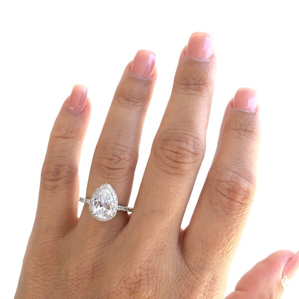 Birnenförmiger Verlobungsring. Sterling Silber rhodiniert Versprechen Ring. Silber Ring. Solitär-Ring. Hochwertiger Ring. Kostenloser Versand.