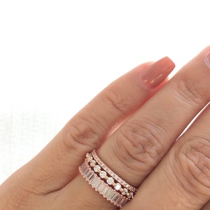 Rose Gold Wedding Band Set. Luxury Rose Gold Eternity Ring Set. Baguette Ring. Stackable Rings. Rose Gold Stacking Rings. Set Of Three Rings image 8