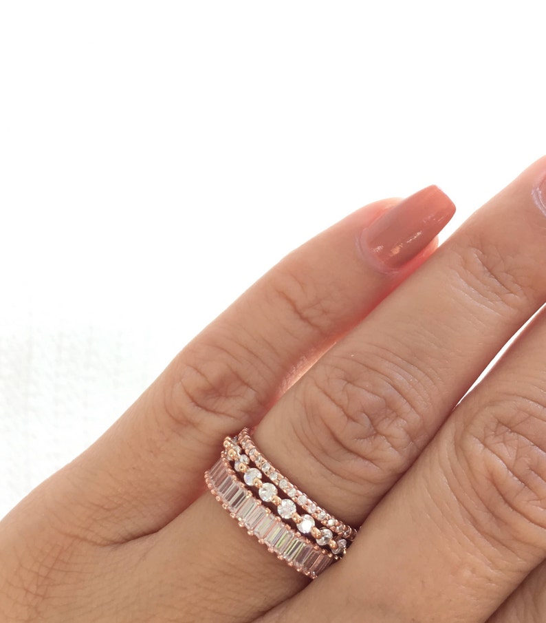 Rose Gold Wedding Band Set. Luxury Rose Gold Eternity Ring Set. Baguette Ring. Stackable Rings. Rose Gold Stacking Rings. Set Of Three Rings image 8