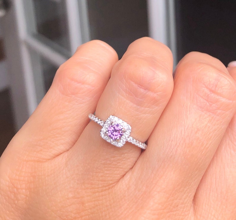 Amethyst Ring. Sterling Silver Delicate Amethyst Ring. Gemstone Ring. February Birthstone Ring. Round Cut Ring. Promise Ring. Sizes 4-10. image 1