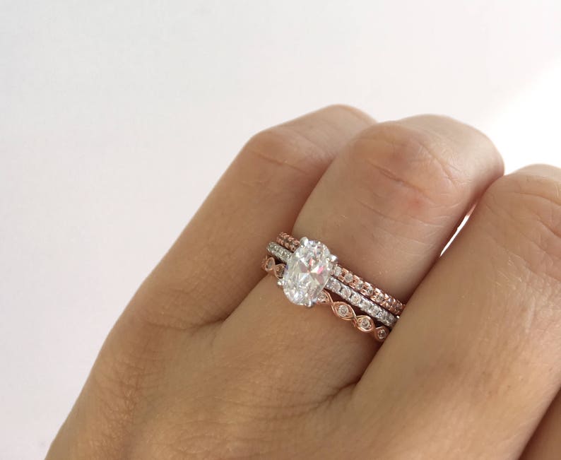 Bridal Ring Set. Oval Cut Engagement Ring With 2 Rose Gold Etsy