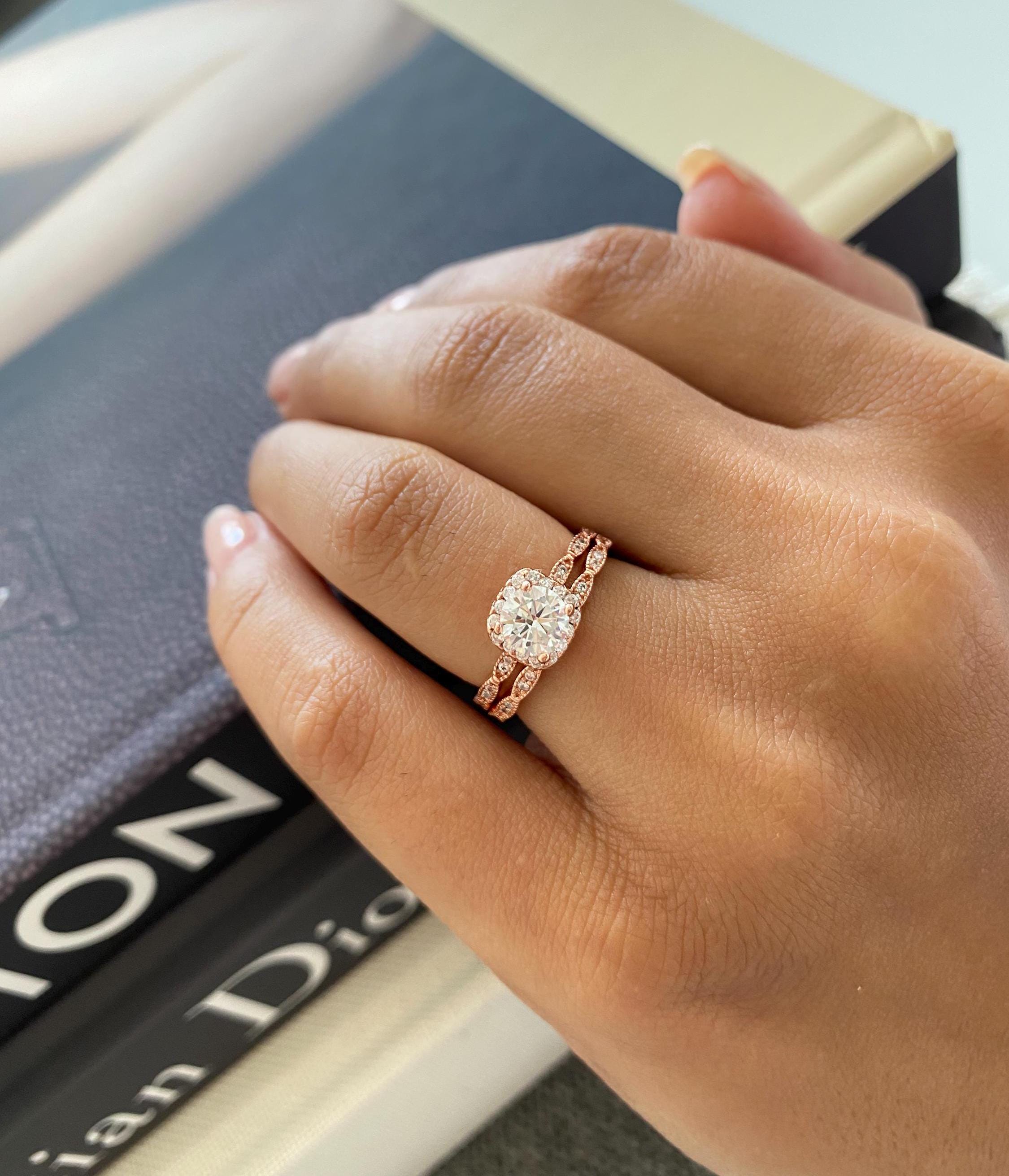 Rose Gold Halo Wedding Set. Vintage Rings. Rose Gold Wedding Rings. Art  Deco Wedding Ring Set. Delicate Ring Set. Round Cut Engagement Ring. - Etsy