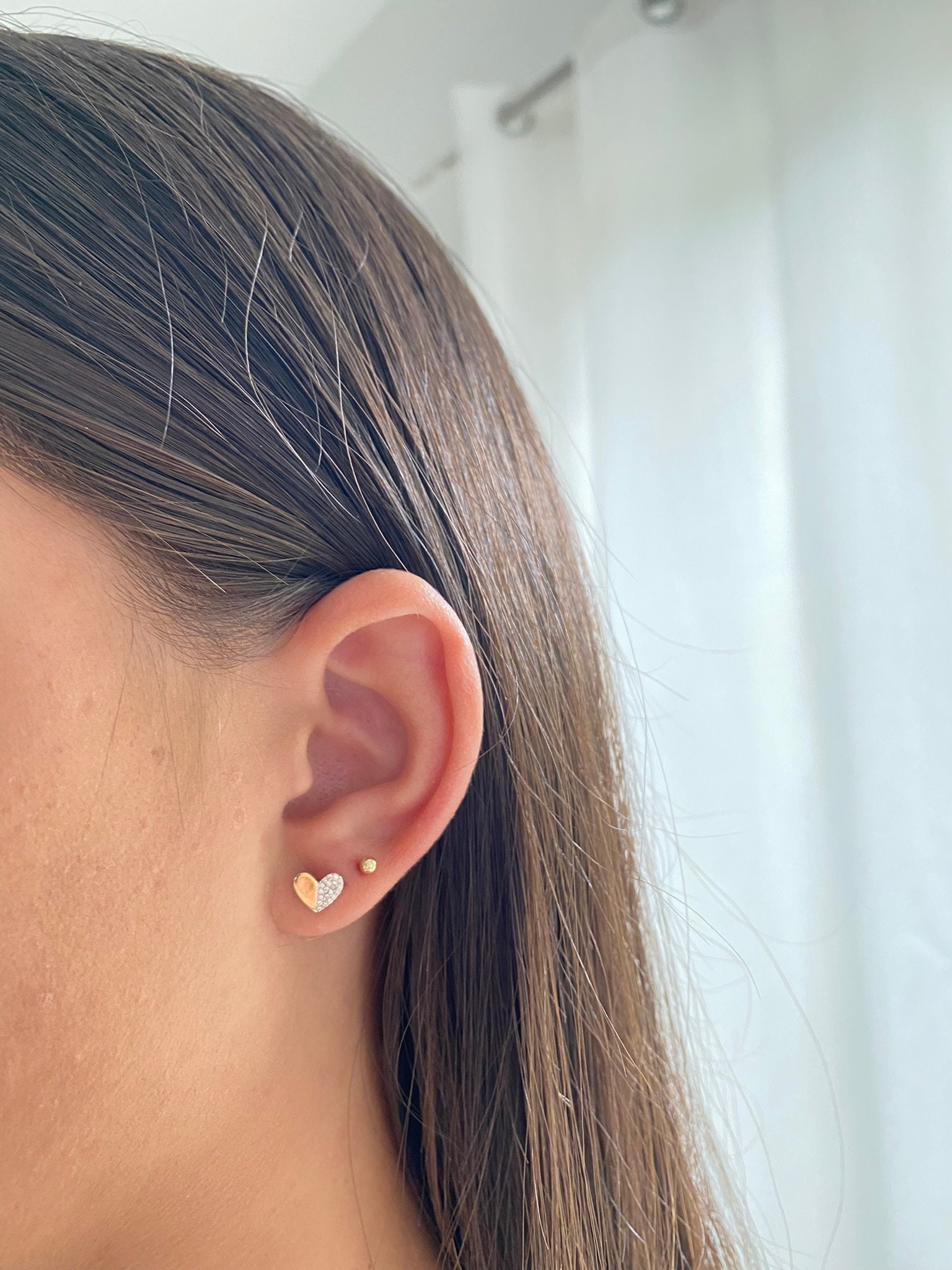 14K Yellow Gold Half Pave Heart Earrings. Pave Heart