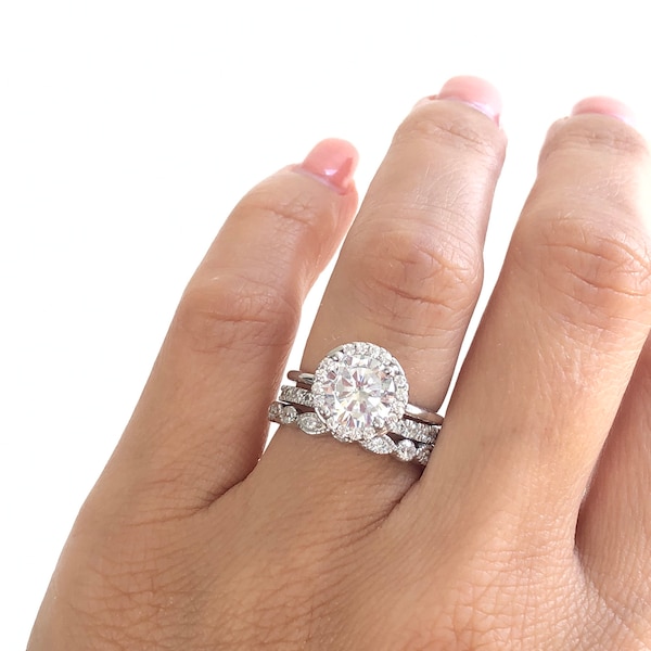 Wedding Ring Set. Bridal Rings. Sterling Silver Anniversary Rings. Round Cut Halo Ring With Full Eternity Band And Art Deco Band.