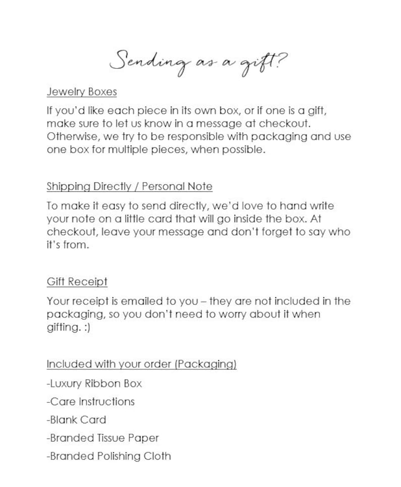 May include: Text explaining how to send jewelry as a gift.  It includes information about packaging options, gift notes, and gift receipts.  The text says "Sending as a gift?" at the top.