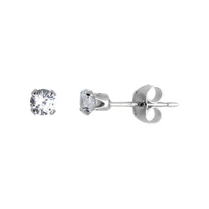May include: A pair of silver stud earrings with a clear round stone in the center.