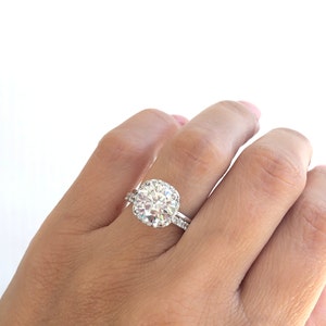 Bridal Ring Set. Sterling Silver Halo Ring Set. 3 ct Round Cut Wedding Ring With Full Eternity Band. Halo Wedding Ring Set. Silver Rings.