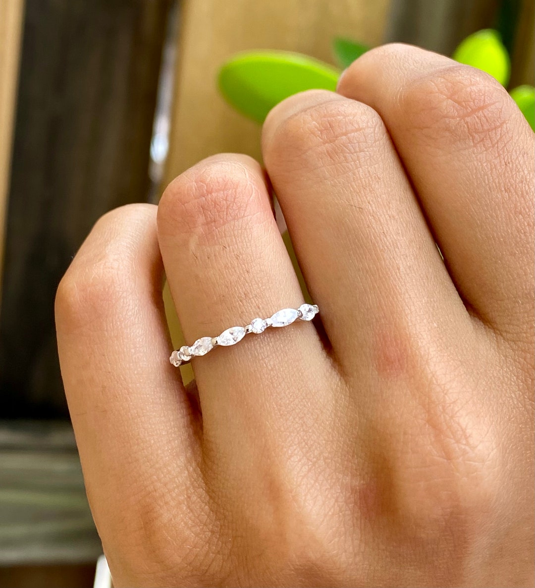 Art Deco Vintage Wedding Round and Marquise Half Eternity  Stackable Eternity Band Silver Wedding Marquise Ring 