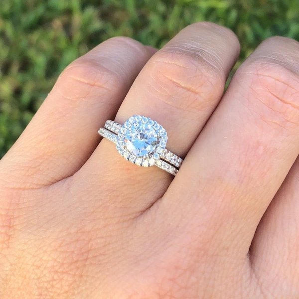 Classic Square Halo Wedding Set. Sterling Silver Wedding Ring. Luxury Anniversary Ring. Bridal Rings. Half Eternity Wedding Band. Sizes 4-10