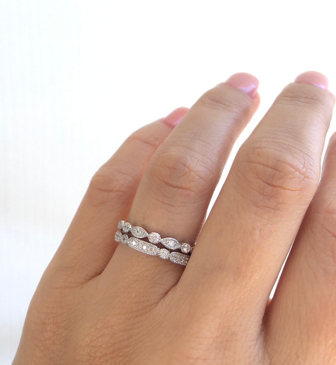 Sterling Silver Wedding Bands. Unique Silver Wedding Ring Set. Art Deco