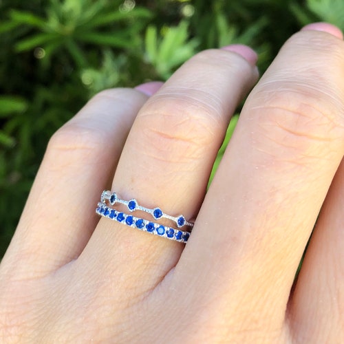 White Gold Blue Sapphire Wedding Engagement Eternity Sterling Silver Ring Set 