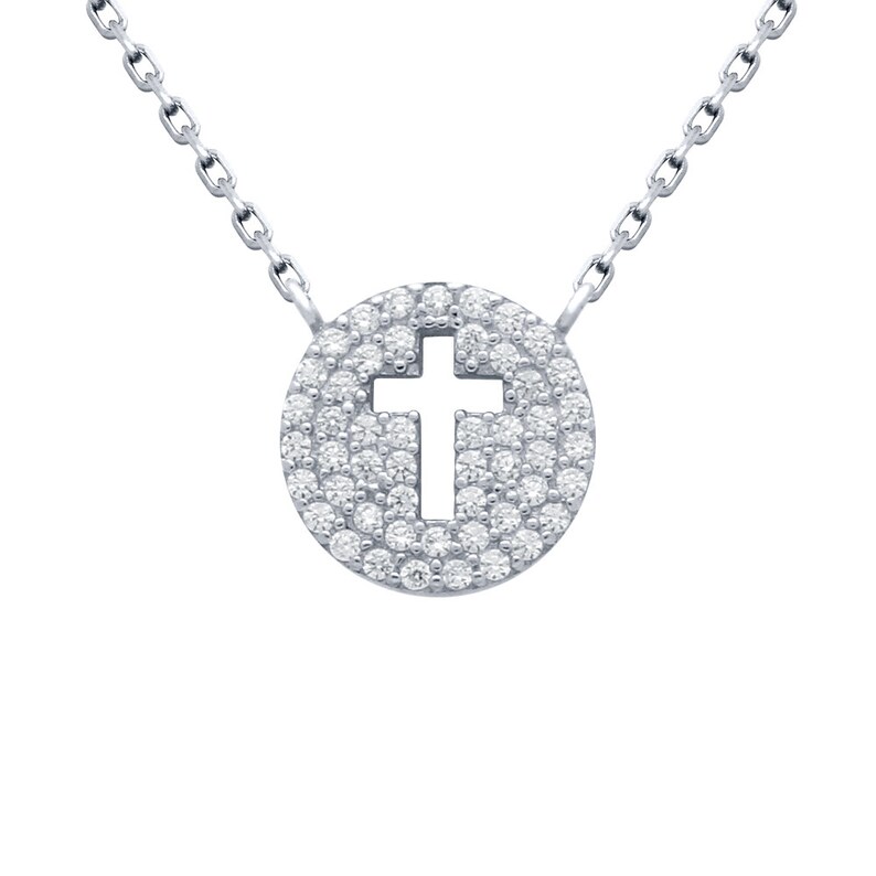 Sterling Silver Pave Disc Necklace Cross Circle Image 0