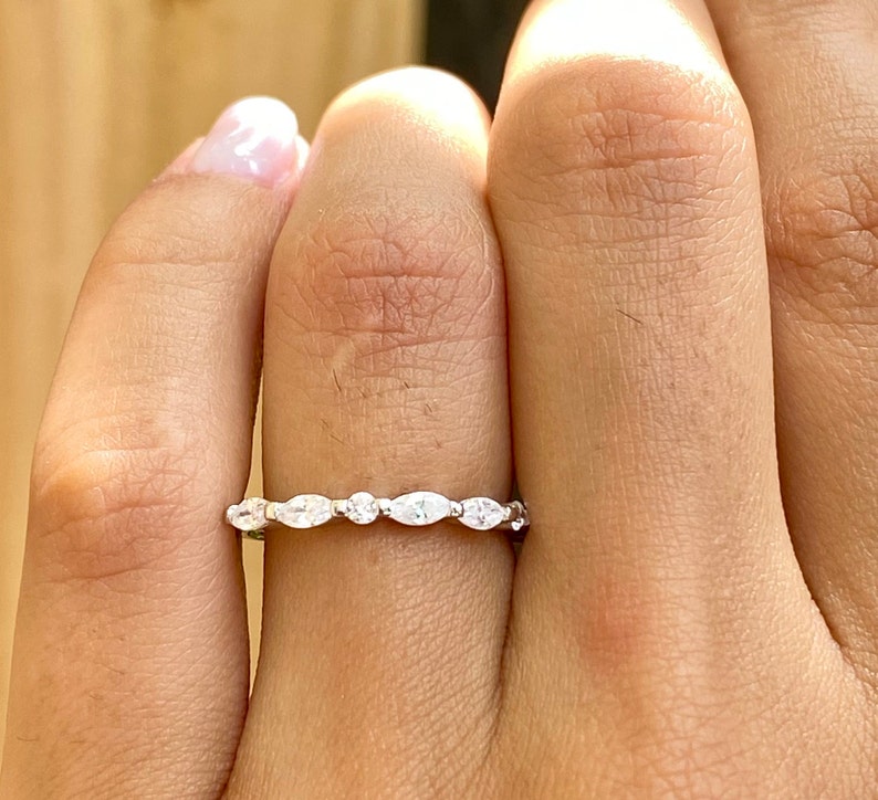Silver Wedding Ring Marquise Ring Round and Marquise Band Art Deco Vintage Wedding Band Half Eternity Stackable Band Eternity Band Ring