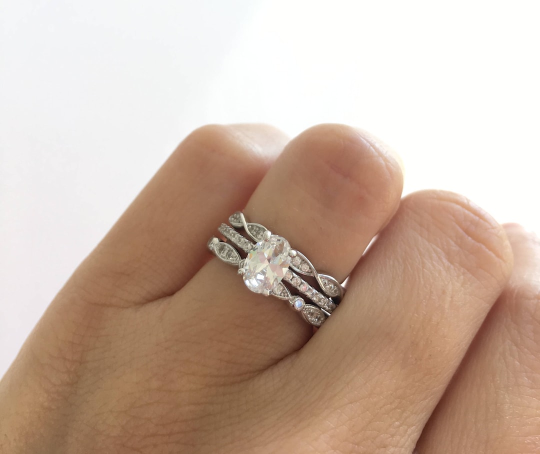 Unique Wedding Ring Set. Sterling Silver Oval Cut Engagement Ring ...